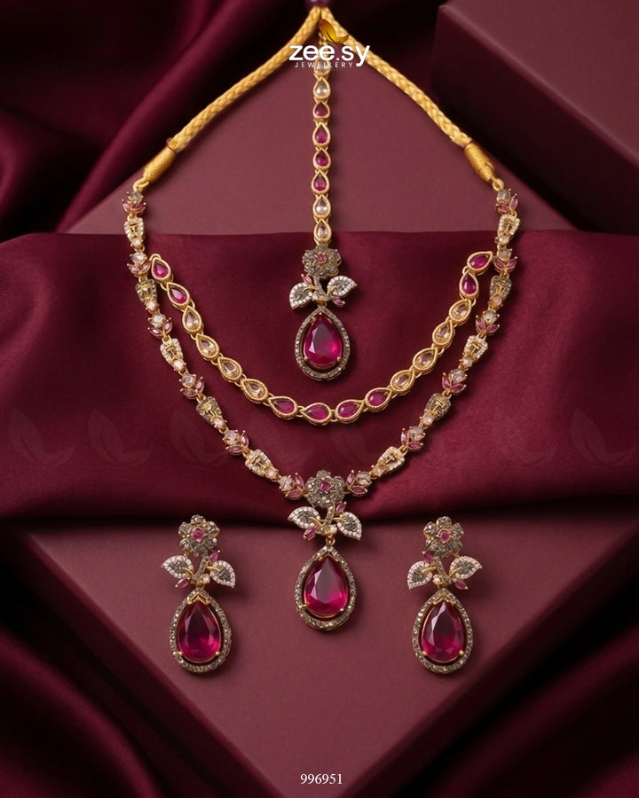 Eldria Cut Stone Necklace Set Fuchsia Necklace Sets - Zeesy Jewellery Pakistan | Premium Artificial & Imitation Jewellery