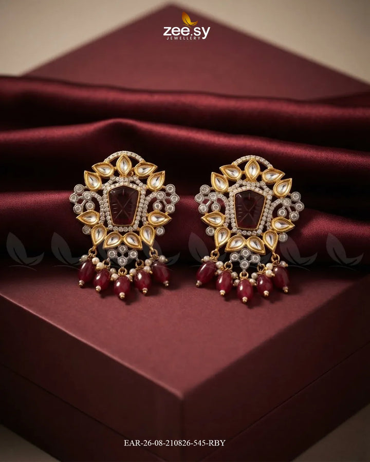 Aria Carved Beads Earrings Golden Ruby Earrings - Zeesy Jewellery Pakistan | Premium Artificial & Imitation Jewellery