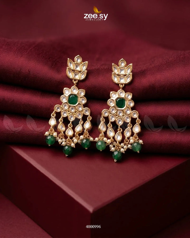 Aster Cascading Kundan Earrings Golden Green Earrings - Zeesy Jewellery Pakistan | Premium Artificial & Imitation Jewellery