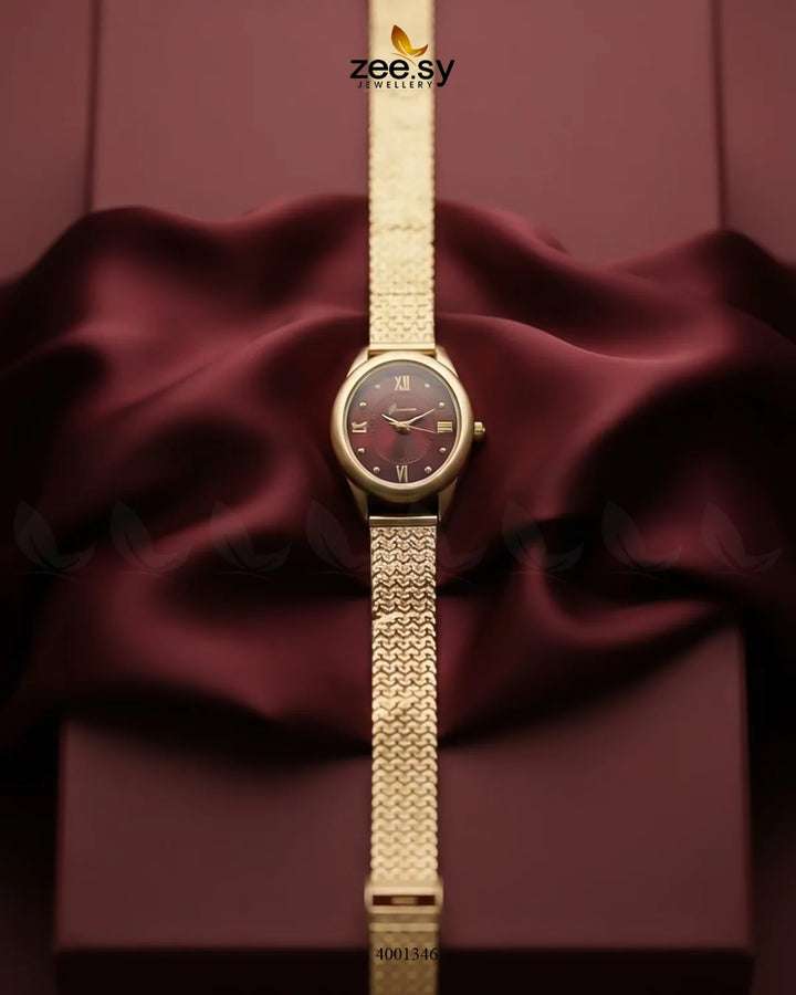 Aura Oval Mesh Watch Golden Red ACCESSORIES - Zeesy Jewellery Pakistan | Premium Artificial & Imitation Jewellery