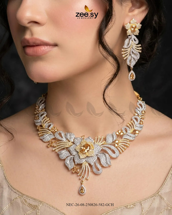 Azure Floral Sapphire Necklace Set Golden Champagne Necklace Sets - Zeesy Jewellery Pakistan | Premium Artificial & Imitation Jewellery