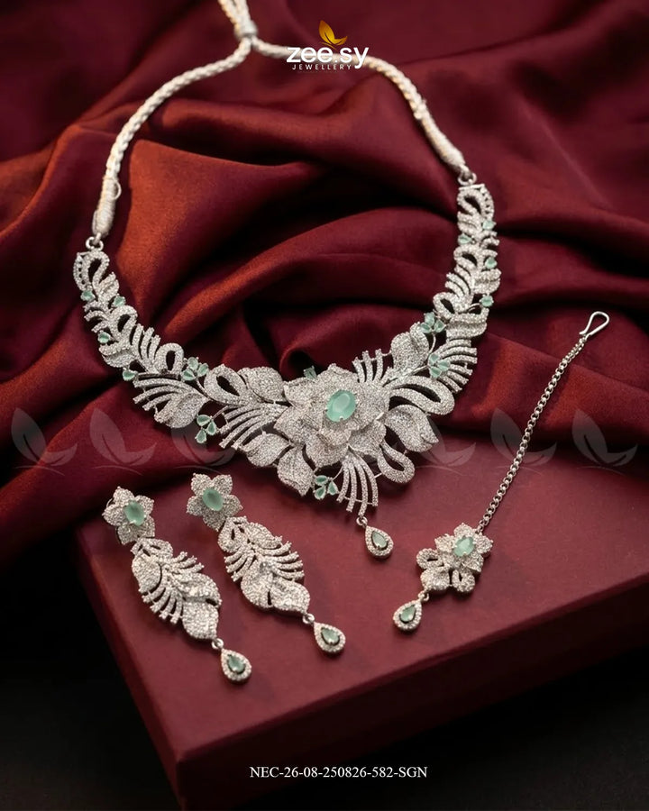 Azure Floral Sapphire Necklace Set Silver Mint Green Necklace Sets - Zeesy Jewellery Pakistan | Premium Artificial & Imitation Jewellery
