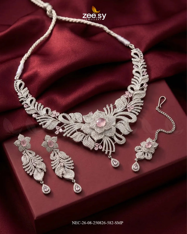 Azure Floral Sapphire Necklace Set Silver Mint Pink Necklace Sets - Zeesy Jewellery Pakistan | Premium Artificial & Imitation Jewellery