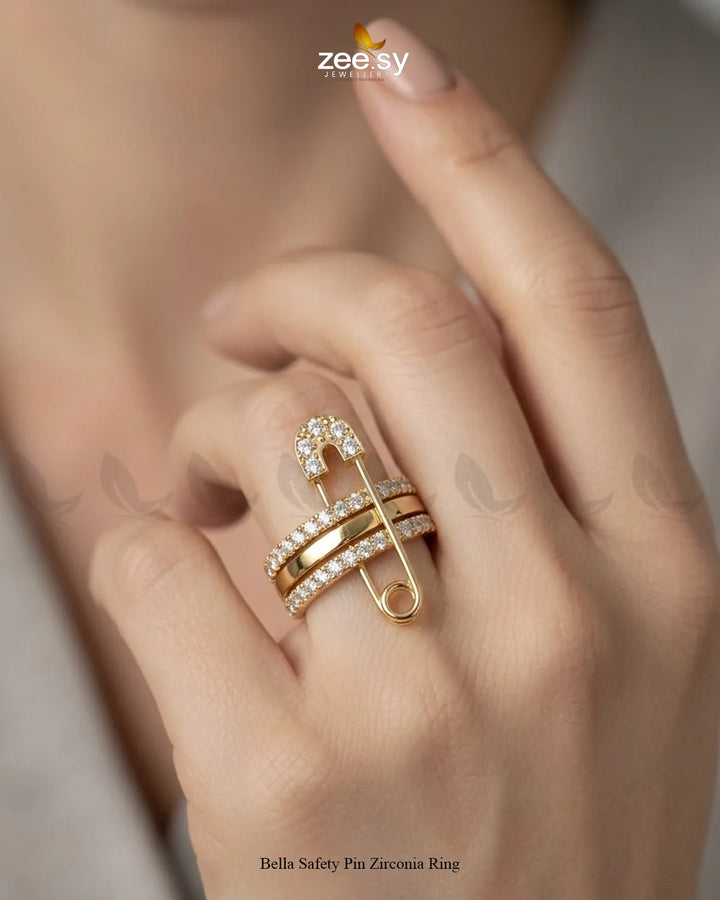 Bella Safety Pin Zirconia Ring Finger Ring - Zeesy Jewellery Pakistan | Premium Artificial & Imitation Jewellery