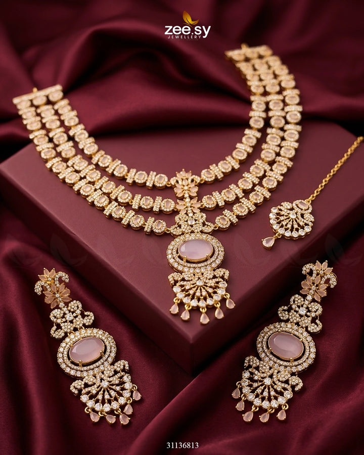 Bella Triple Layer Necklace Set Mint Pink Necklace Sets - Zeesy Jewellery Pakistan | Premium Artificial & Imitation Jewellery