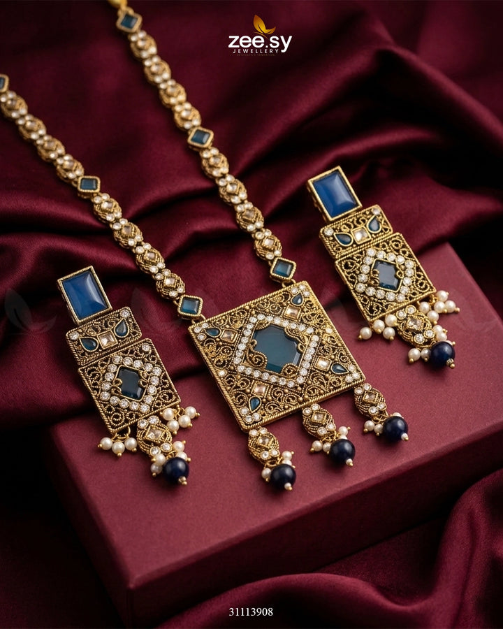 Captivating Crystals Necklace Golden Blue Necklace Sets - Zeesy Jewellery Pakistan | Premium Artificial & Imitation Jewellery