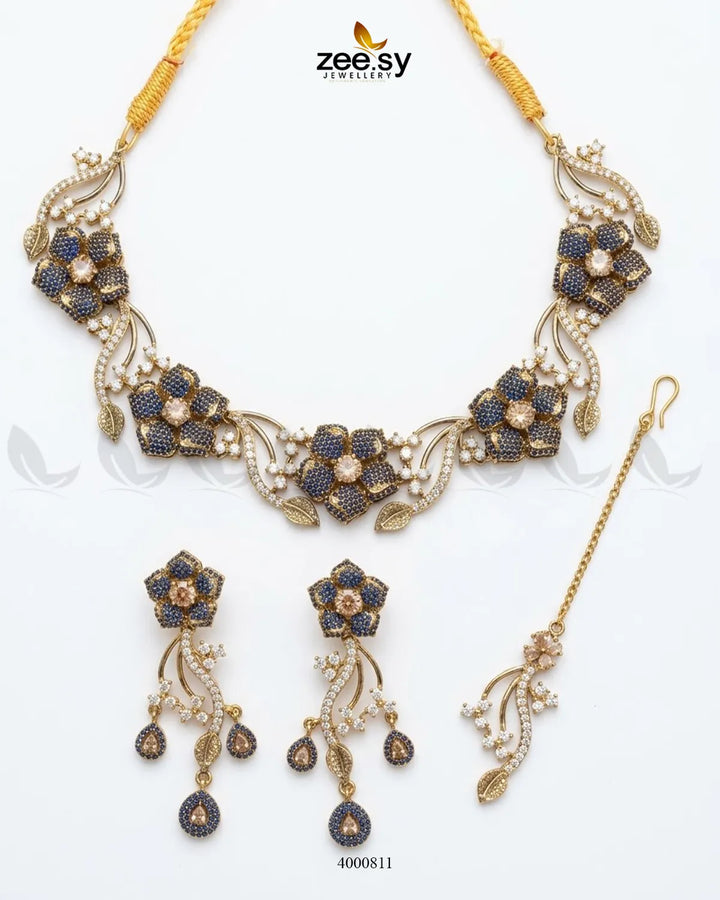 Cerise Floral Zircon Necklace Set - Antique Necklace Sets - Zeesy Jewellery Pakistan | Premium Artificial & Imitation Jewellery