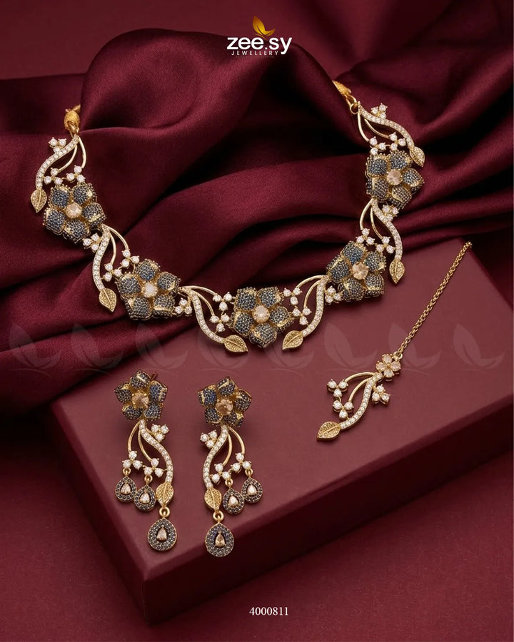 Cerise Floral Zircon Necklace Set - Antique Necklace Sets - Zeesy Jewellery Pakistan | Premium Artificial & Imitation Jewellery