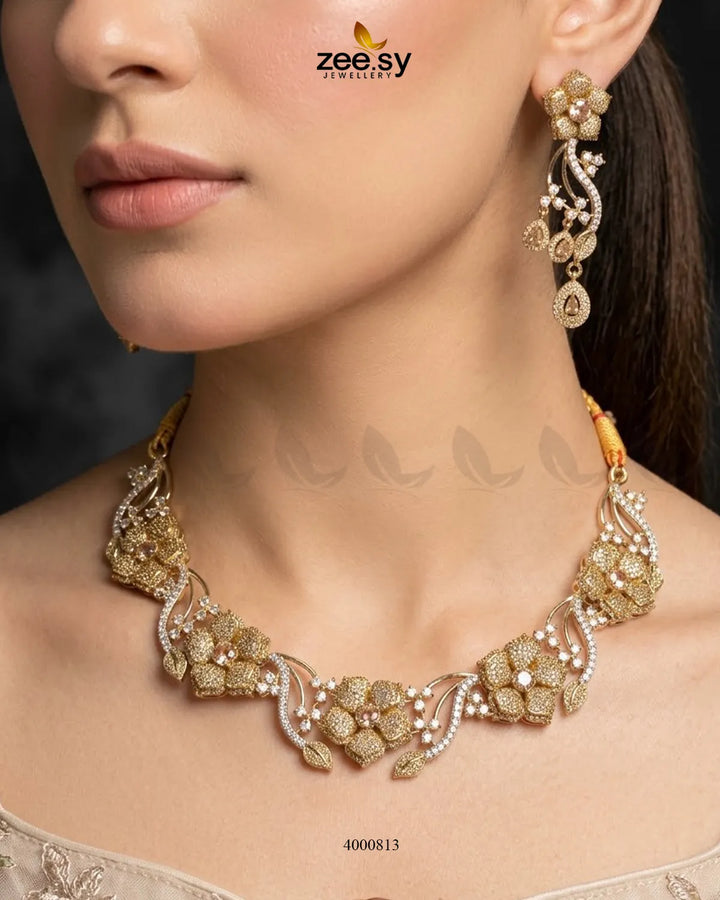 Cerise Floral Zircon Necklace Set - Antique Necklace Sets - Zeesy Jewellery Pakistan | Premium Artificial & Imitation Jewellery