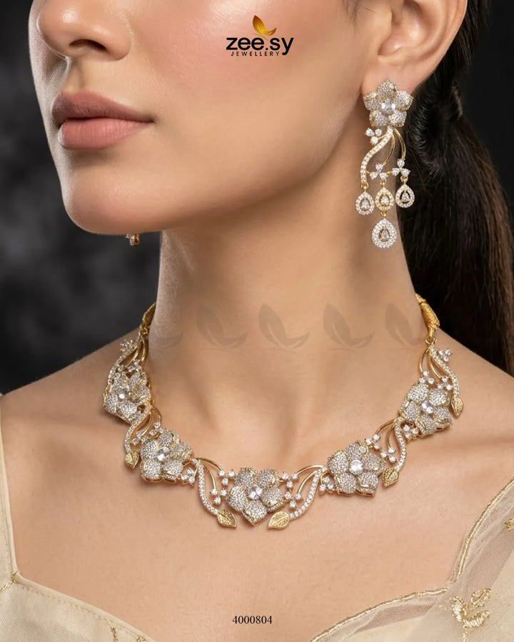 Cerise Floral Zircon Necklace Set Necklace Sets - Zeesy Jewellery Pakistan | Premium Artificial & Imitation Jewellery