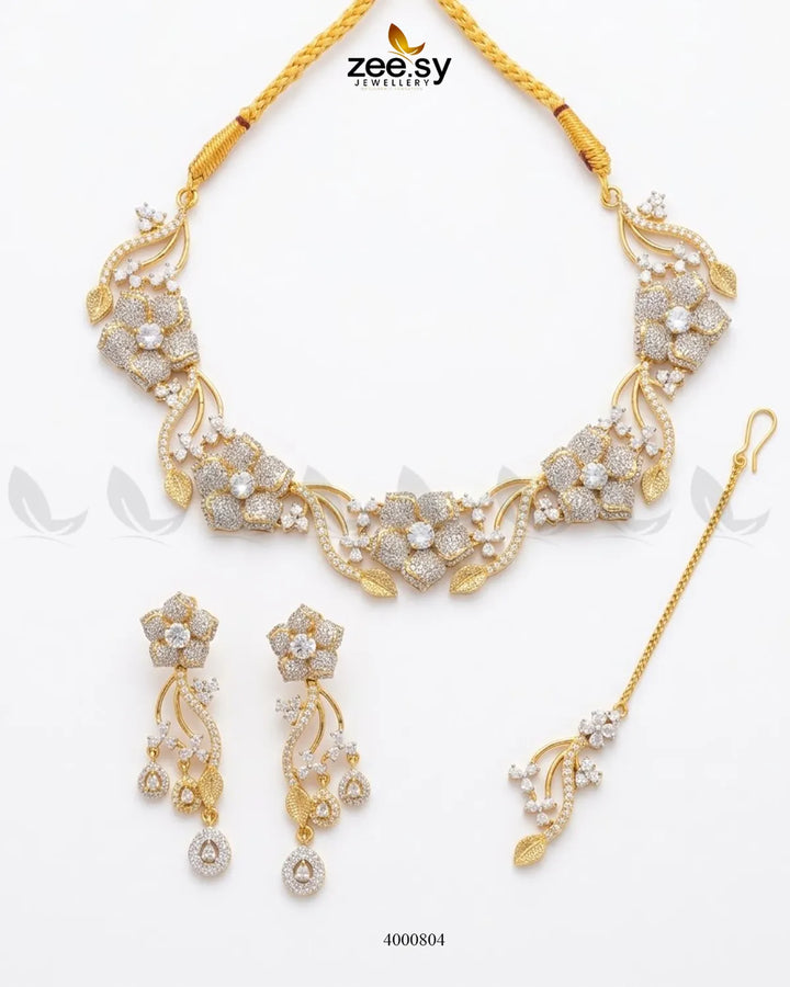 Cerise Floral Zircon Necklace Set Necklace Sets - Zeesy Jewellery Pakistan | Premium Artificial & Imitation Jewellery