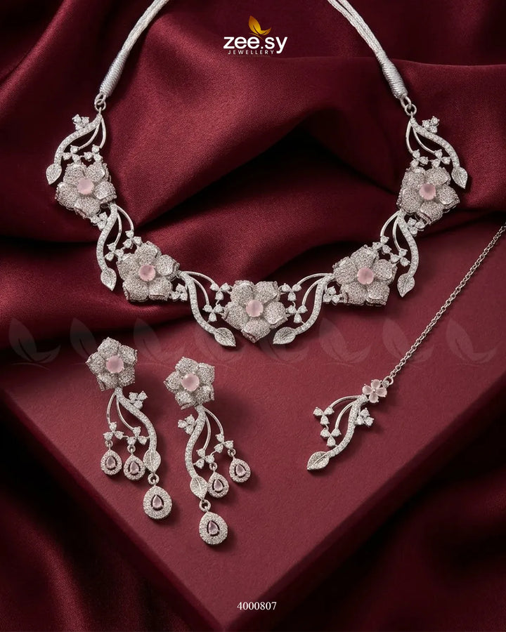 Cerise Floral Zircon Necklace Set Silver Mint Pink Necklace Sets - Zeesy Jewellery Pakistan | Premium Artificial & Imitation Jewellery