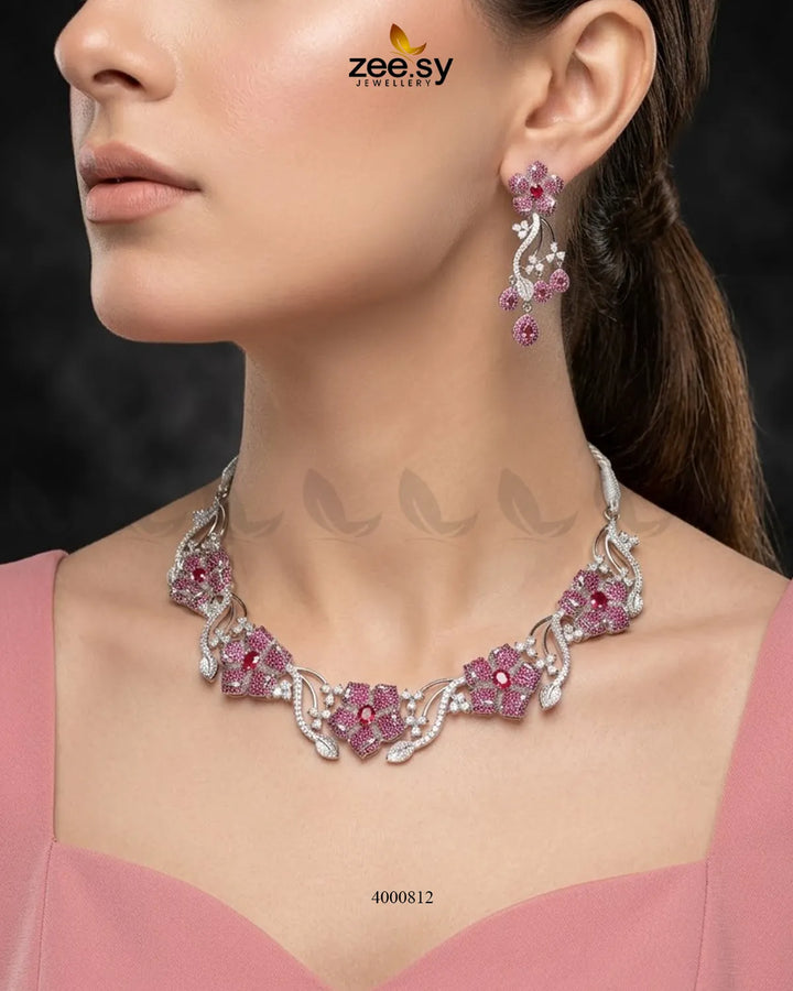 Cerise Floral Zircon Necklace Set
