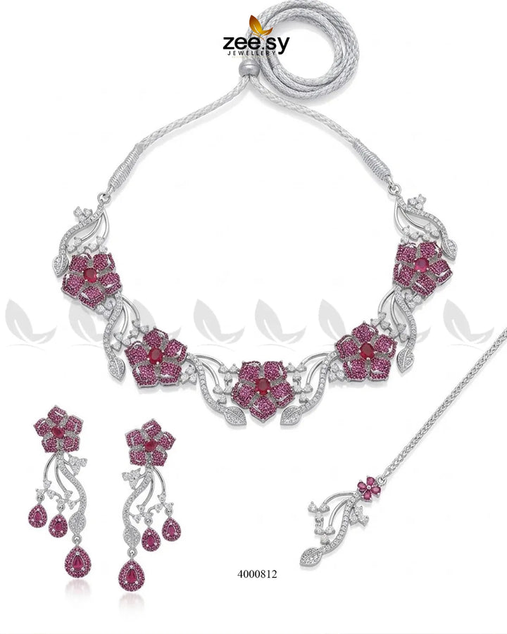 Cerise Floral Zircon Necklace Set