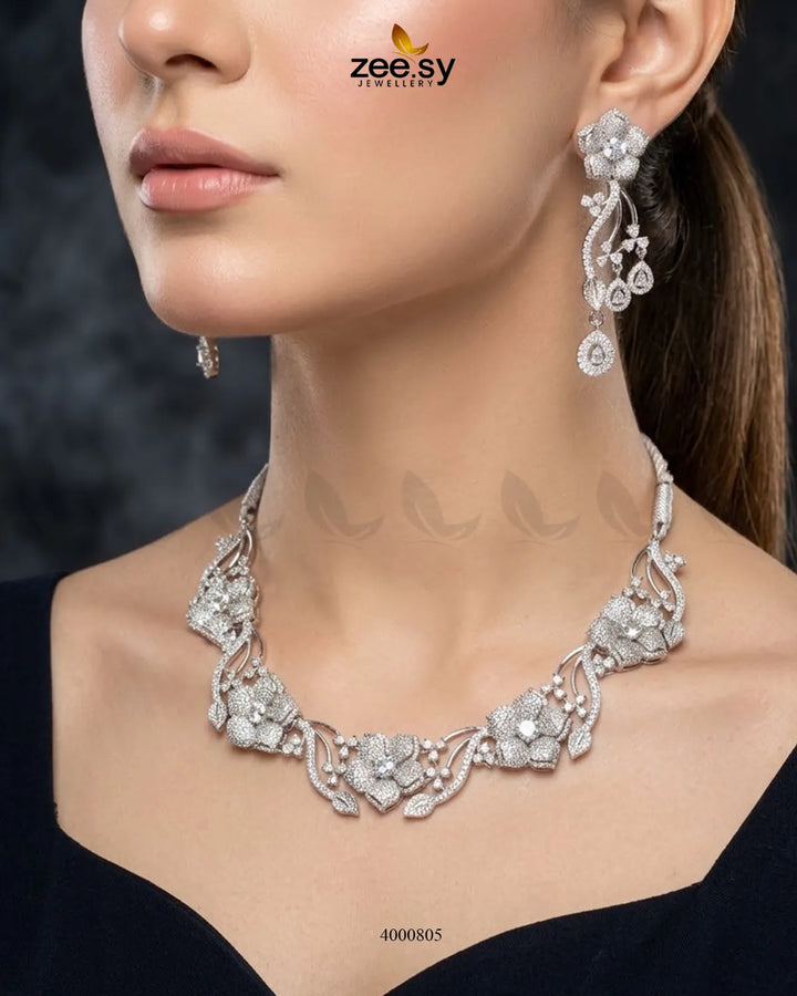 Cerise Floral Zircon Necklace Set Necklace Sets - Zeesy Jewellery Pakistan | Premium Artificial & Imitation Jewellery