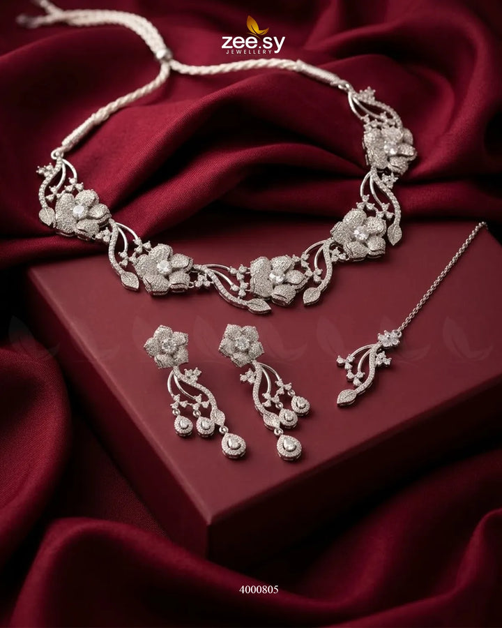 Cerise Floral Zircon Necklace Set Silver White Necklace Sets - Zeesy Jewellery Pakistan | Premium Artificial & Imitation Jewellery