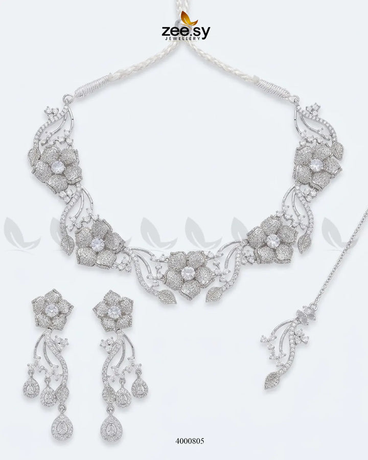 Cerise Floral Zircon Necklace Set Necklace Sets - Zeesy Jewellery Pakistan | Premium Artificial & Imitation Jewellery