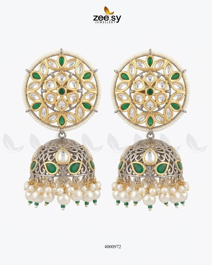 RHS09 circular pearl kundan jhumka earrings with ornate gold-tone detailing