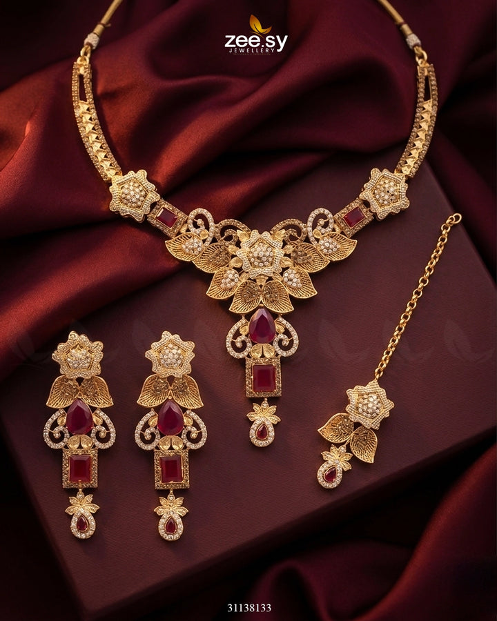 Crimson Gemstone Hasli Necklace Set Red Bridal Set - Zeesy Jewellery Pakistan | Premium Artificial & Imitation Jewellery