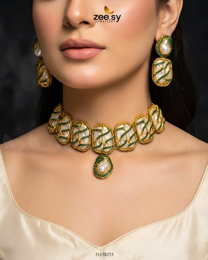Crimson Wave Pearl Choker Set Green choker - Zeesy Jewellery Pakistan | Premium Artificial & Imitation Jewellery