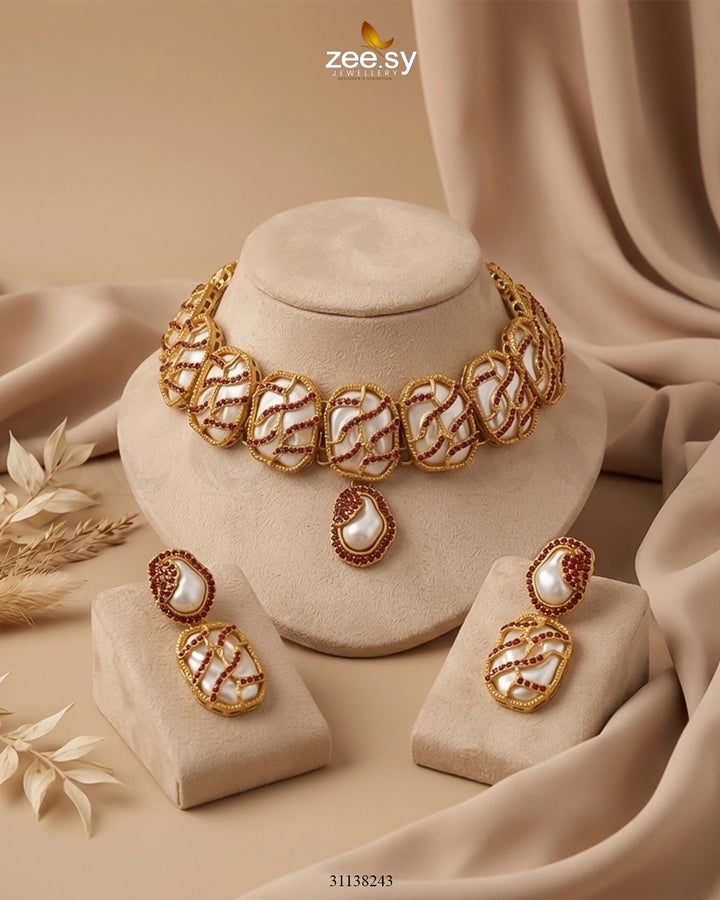 Crimson Wave Pearl Choker Set choker - Zeesy Jewellery Pakistan | Premium Artificial & Imitation Jewellery