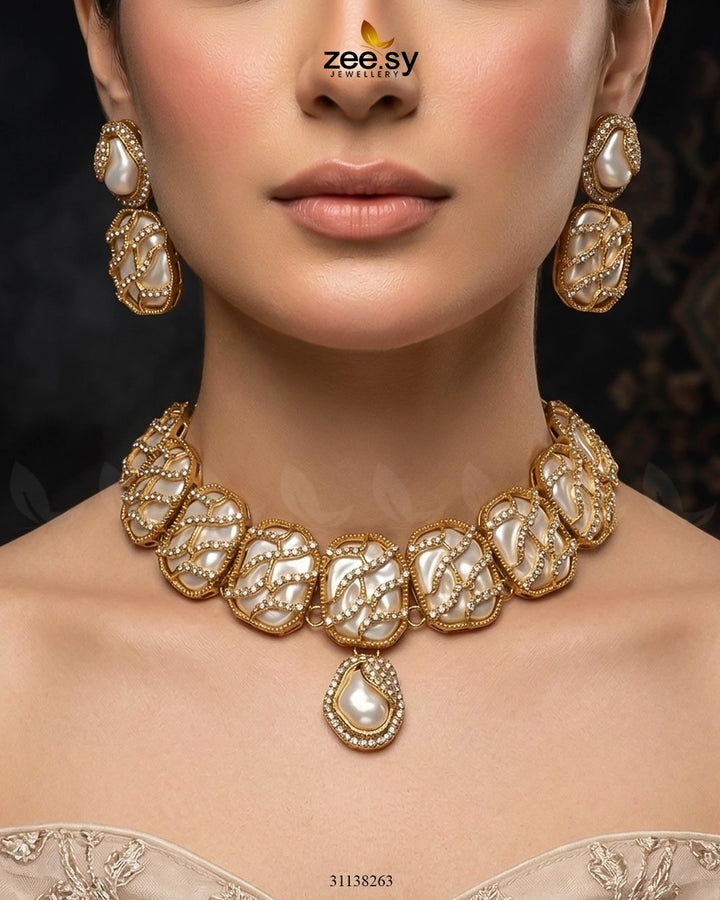 Crimson Wave Pearl Choker Set White choker - Zeesy Jewellery Pakistan | Premium Artificial & Imitation Jewellery
