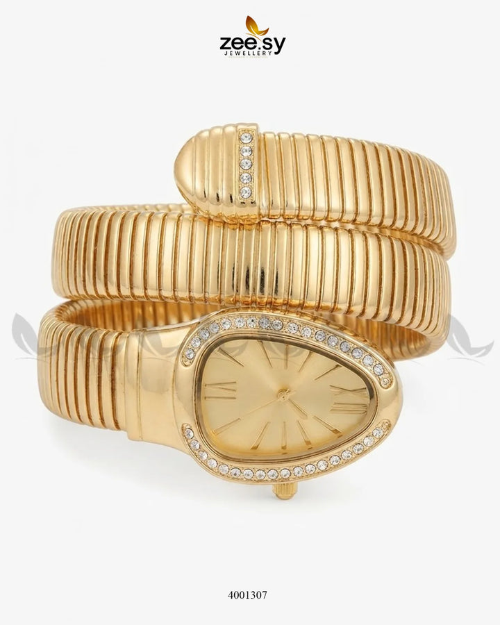 AJ03 Crystal Bezel Snake Watch with champagne dial, featuring a crystal bezel and elegant snake design, accessory for stylish wear.