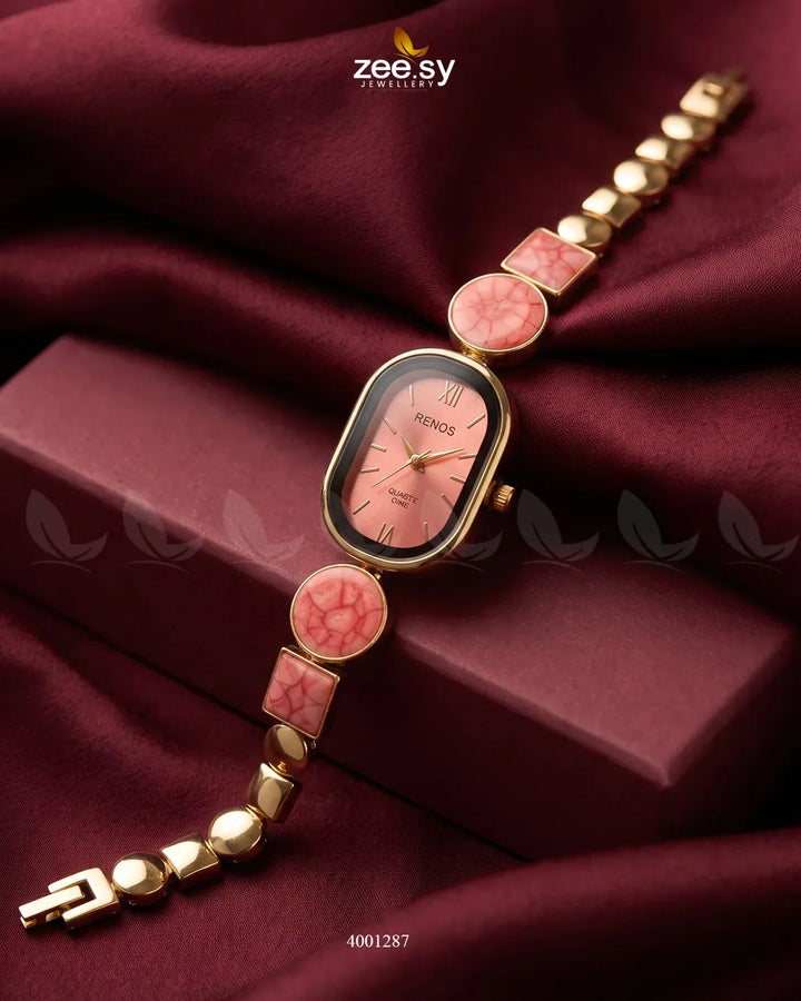 Red pastel wrist watch from AJ03, elegant accessories with a sleek design and minimalist face suitable for stylish occasions.