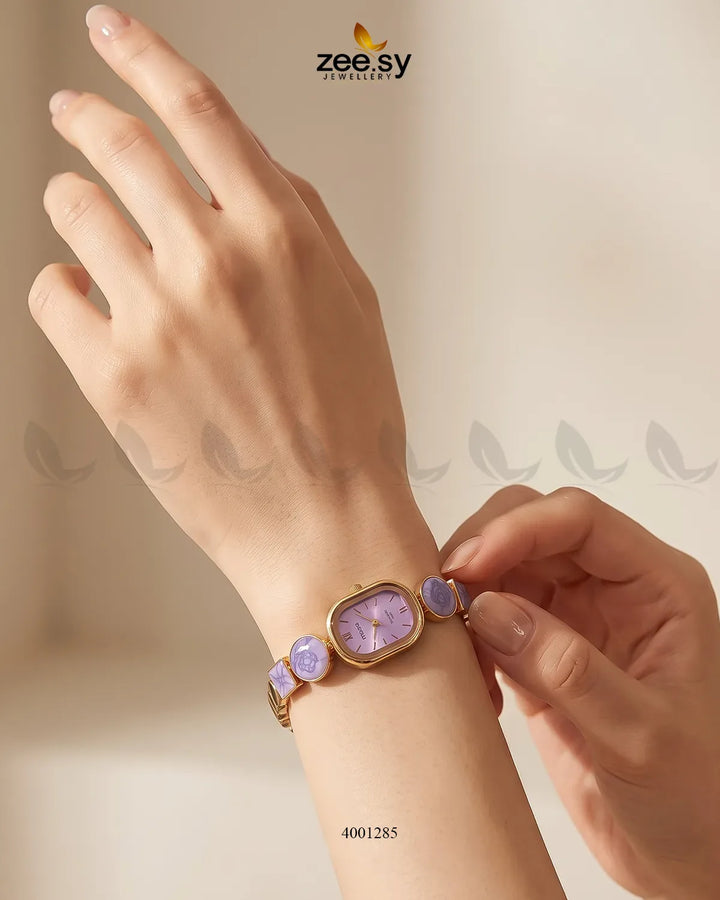 Elegant pastel purple wrist watch by AJ03, showcasing a stylish accessory with a sleek design and a smooth leather strap.