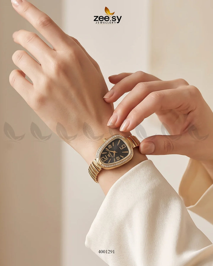 Black Elegant Serpent Bezel Watch by AJ03, showcasing a sleek watch with a detailed serpent bezel design.