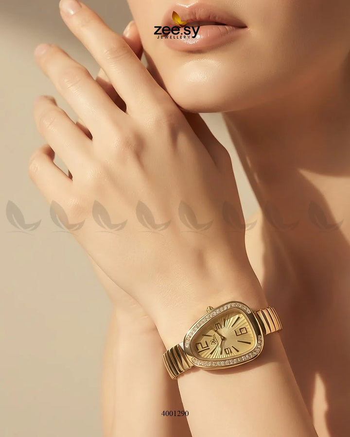 Golden AJ03 Elegant Serpent Bezel Watch with champagne dial, showcasing a luxurious and stylish accessory for women.