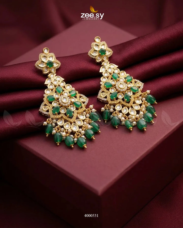 Elysian Carved Kundan Chandbalis Earrings Golden Green Earrings - Zeesy Jewellery Pakistan | Premium Artificial & Imitation Jewellery