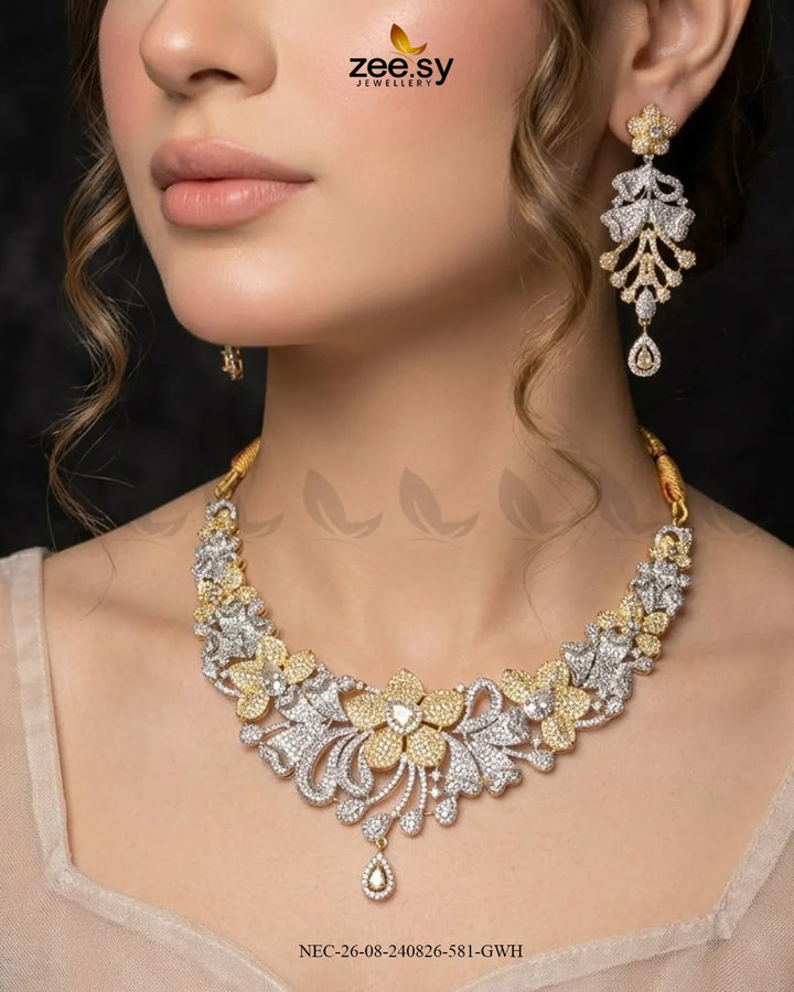 Elysian Floral Zirconia Necklace Set Necklace Sets - Zeesy Jewellery Pakistan | Premium Artificial & Imitation Jewellery