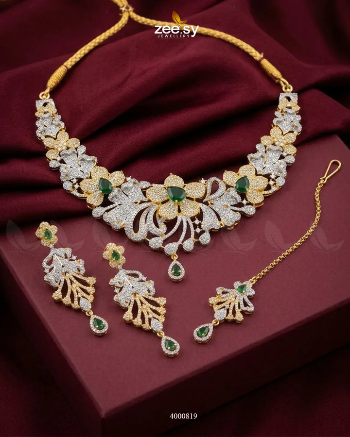 Elysian Floral Zirconia Necklace Set Golden Green Necklace Sets - Zeesy Jewellery Pakistan | Premium Artificial & Imitation Jewellery