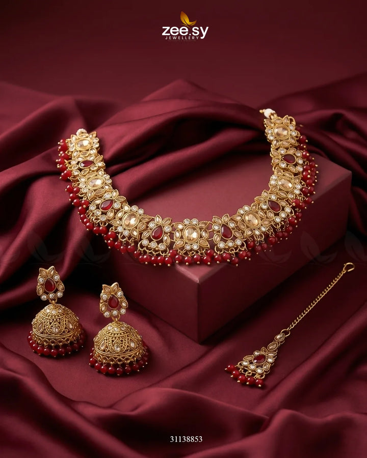 Ethereal Gemstone Beads Necklace Set Golden Red Necklace Sets - Zeesy Jewellery Pakistan | Premium Artificial & Imitation Jewellery