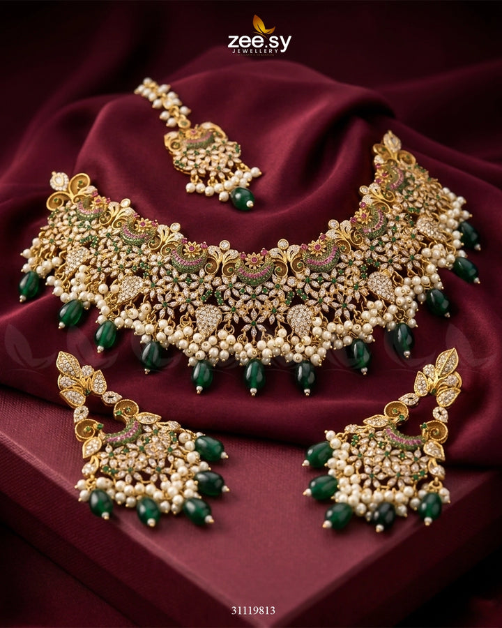 Faiqa's Rhodium Polished Bridal Set Bridal Set - Zeesy Jewellery Pakistan | Premium Artificial & Imitation Jewellery