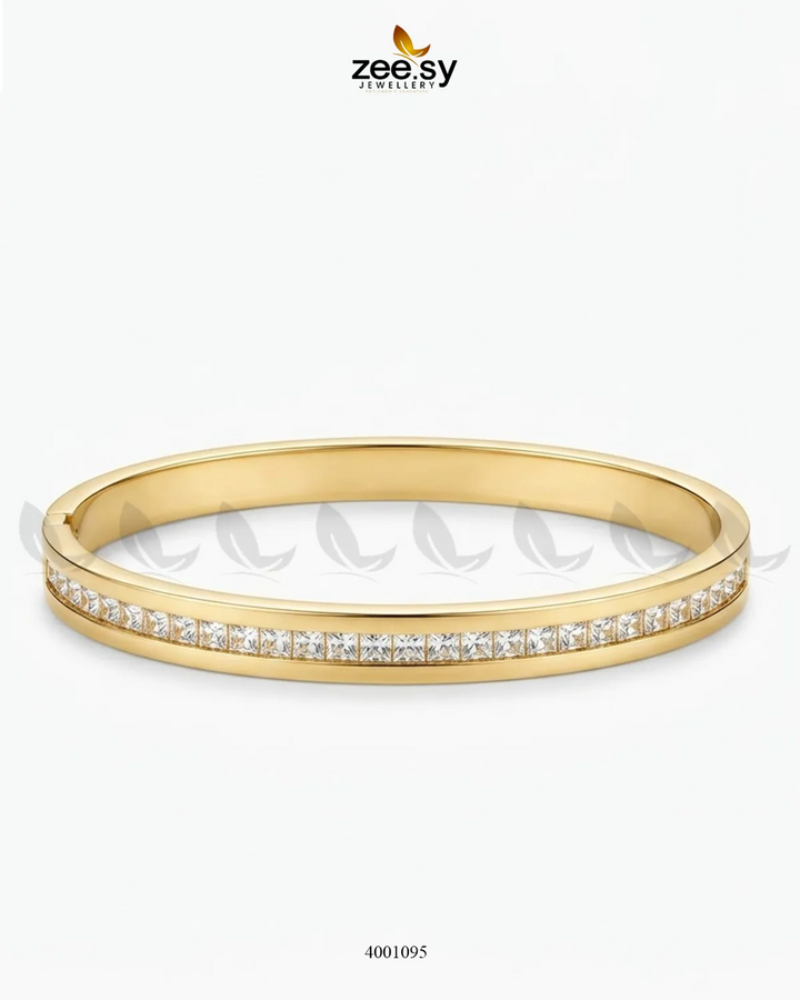 Elegant MH26 Fine Zircon Line Cuff Bracelet with sparkling zircon accents on a sleek metal band.
