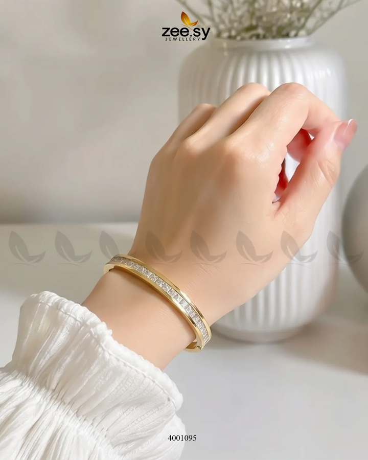 MH26 Fine Zircon Line Cuff Bracelet featuring sparkling zircon stones and a sleek silver finish, stylish and elegant jewelry accessory.