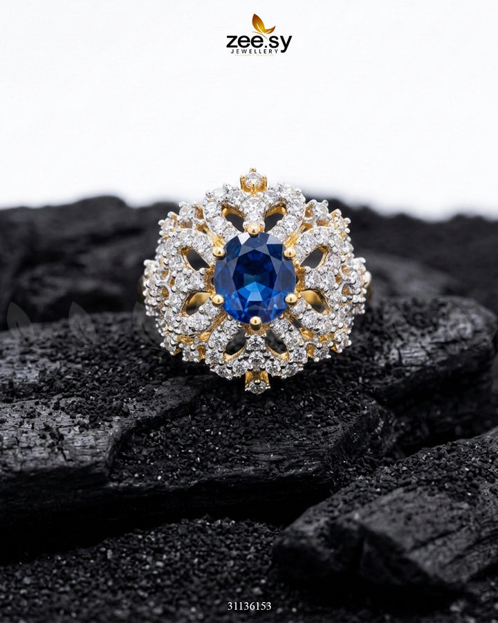 Floral Center Stone Cluster Ring Golden Blue Finger Ring - Zeesy Jewellery Pakistan | Premium Artificial & Imitation Jewellery