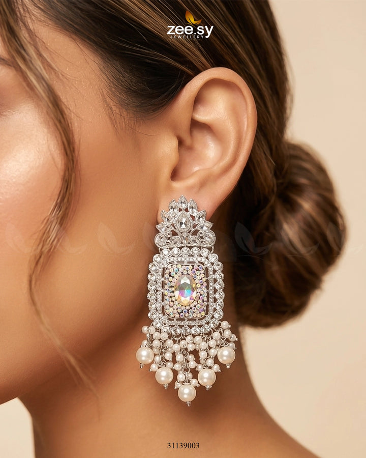 Floral Square Stone Pave Earrings Silver White Earrings - Zeesy Jewellery Pakistan | Premium Artificial & Imitation Jewellery