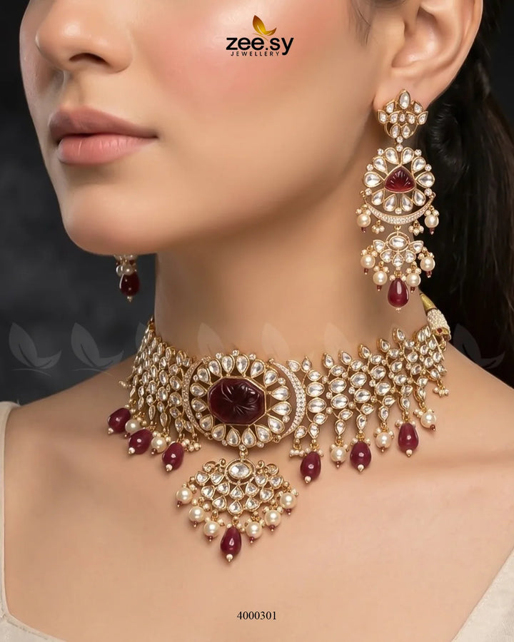 Floral Stone Kundan Choker Set Choker Set - Zeesy Jewellery Pakistan | Premium Artificial & Imitation Jewellery