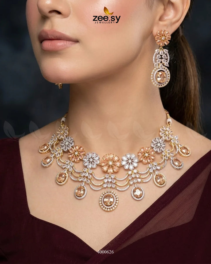 Floral American Diamond Necklace Set