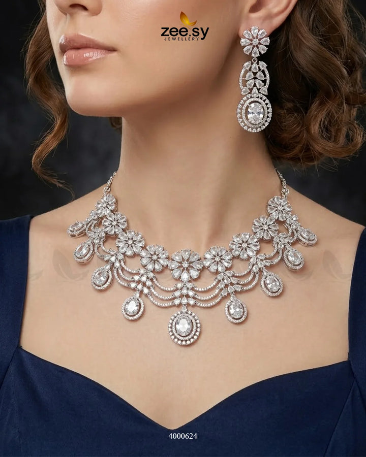 Floral American Diamond Necklace Set