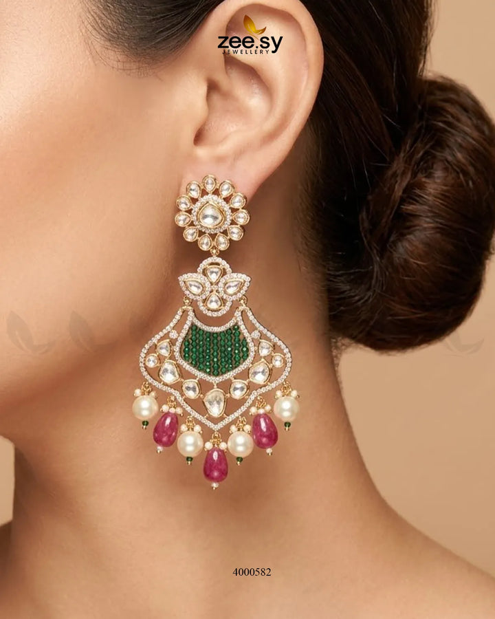 Red and green floral beaded statement dangler earrings with intricate design by RHS09, perfect for stylish accessories.