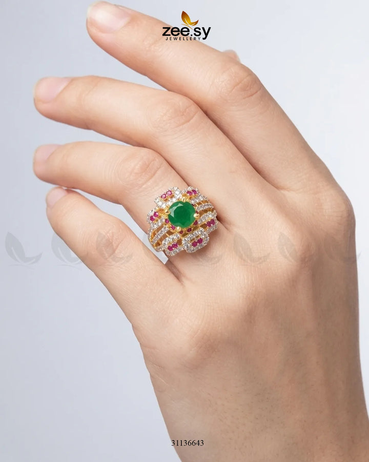 Flower Center Stone Cluster Ring Golden Ruby & Green Finger Ring - Zeesy Jewellery Pakistan | Premium Artificial & Imitation Jewellery