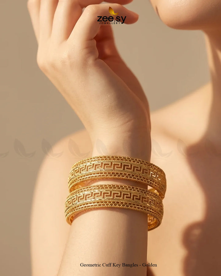 Geometric Cuff Key Bangles - Golden BANGLES - Zeesy Jewellery Pakistan | Premium Artificial & Imitation Jewellery