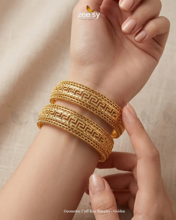 Geometric Cuff Key Bangles - Golden BANGLES - Zeesy Jewellery Pakistan | Premium Artificial & Imitation Jewellery