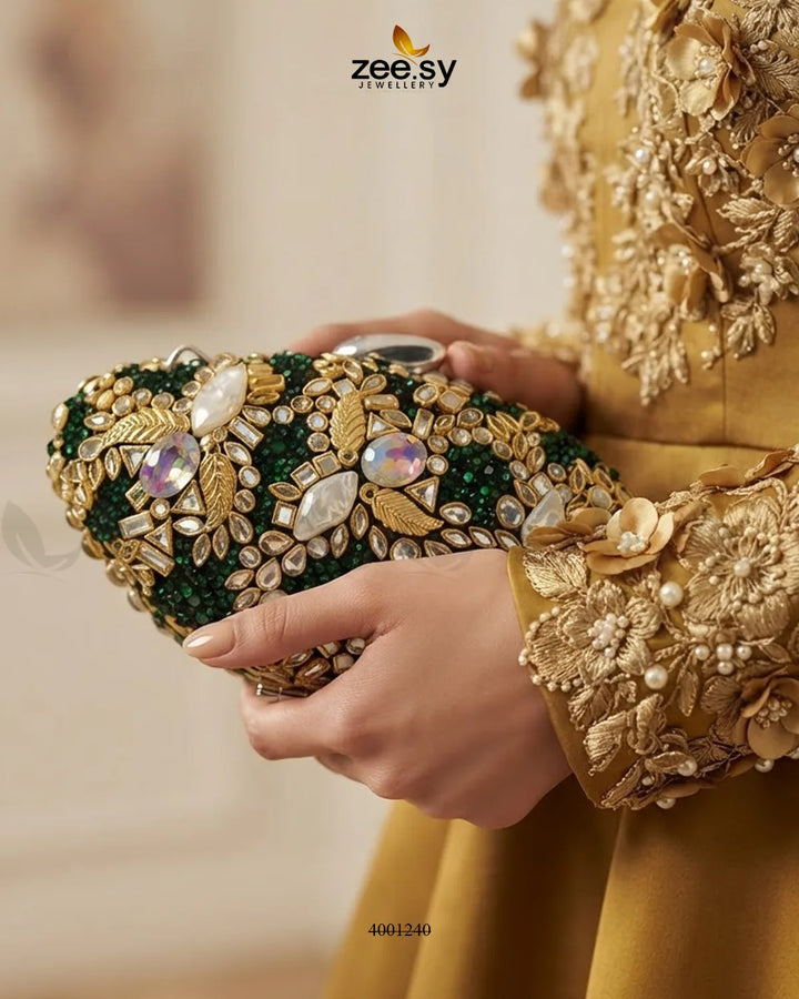 Glamorous Leaf Kundan Clutch Bag ACCESSORIES - Zeesy Jewellery Pakistan | Premium Artificial & Imitation Jewellery