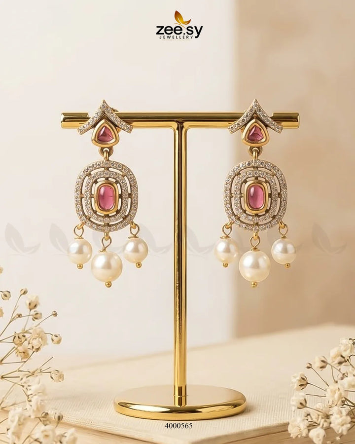 Gleam Pearl Zircon Earrings Golden Mint Pink Earrings - Zeesy Jewellery Pakistan | Premium Artificial & Imitation Jewellery