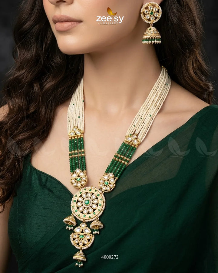 Green Gleam beaded pearl malla necklace set with intricate design, featuring shiny beads and traditional craftsmanship by RHS09.